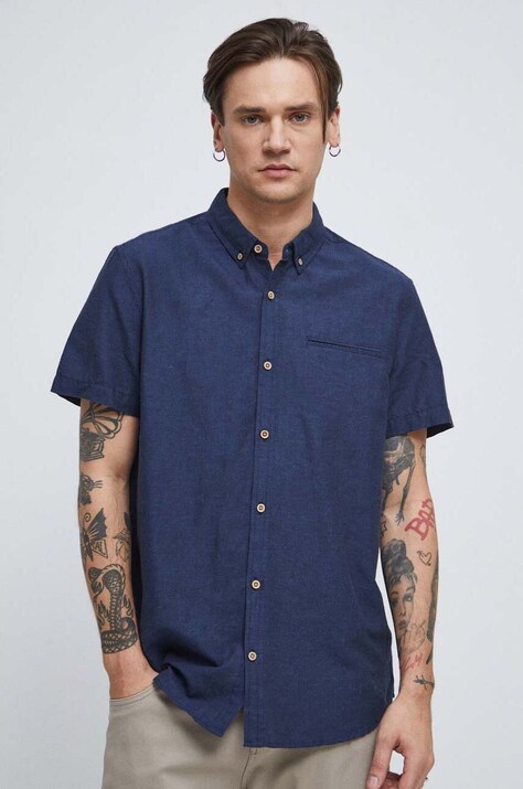 Koszula lniana męska z kołnierzykiem button-down kolor granatowy