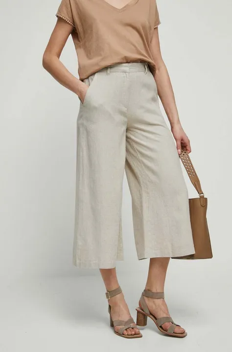 Medicine spodnie lniane damskie kolor beżowy fason culottes high waist