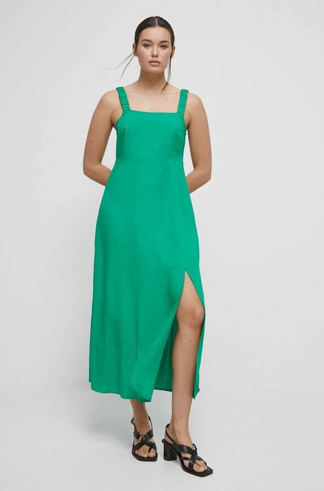 Medicine rochie din amestec de in culoarea verde, maxi, evazati