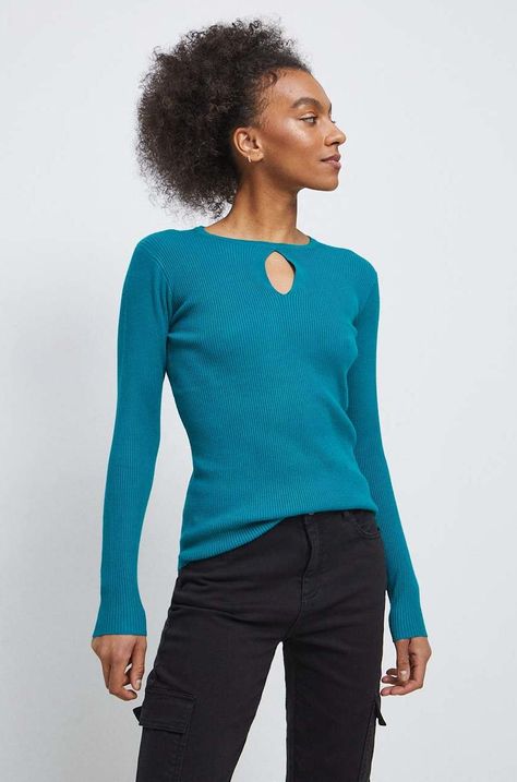 Sweter damski prążkowany kolor turkusowy