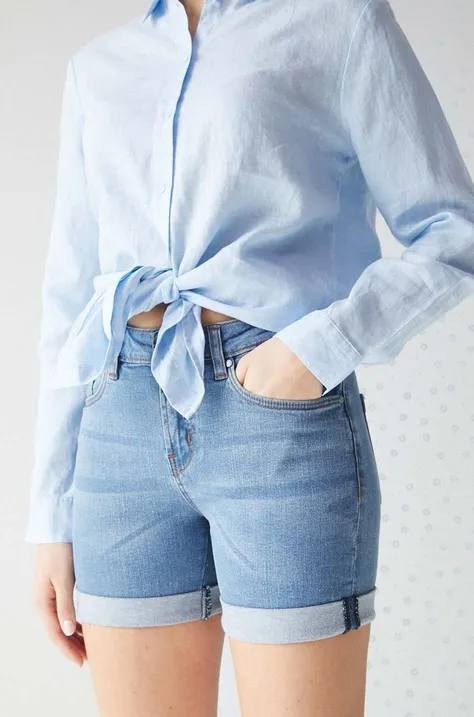 Medicine szorty jeansowe damskie kolor niebieski gładkie medium waist