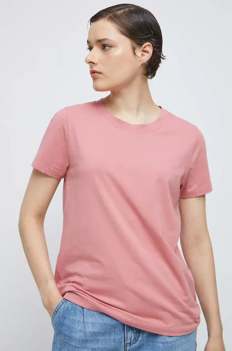 T-shirt bawełniany damski gładki z domieszką elastanu kolor różowy