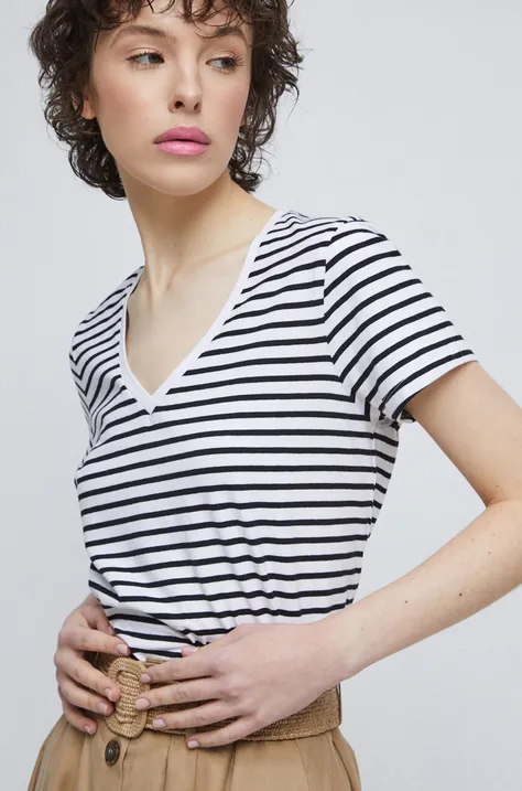 T-shirt bawełniany damski wzorzysty z domieszką elastanu kolor biały