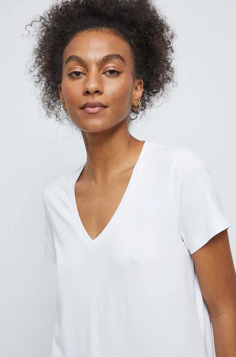 T-shirt bawełniany damski gładki z domieszką elastanu kolor biały