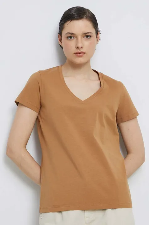 T-shirt bawełniany damski gładki z domieszką elastanu kolor beżowy