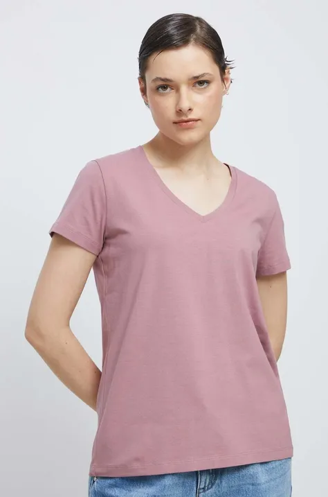 T-shirt bawełniany damski gładki z domieszką elastanu kolor różowy