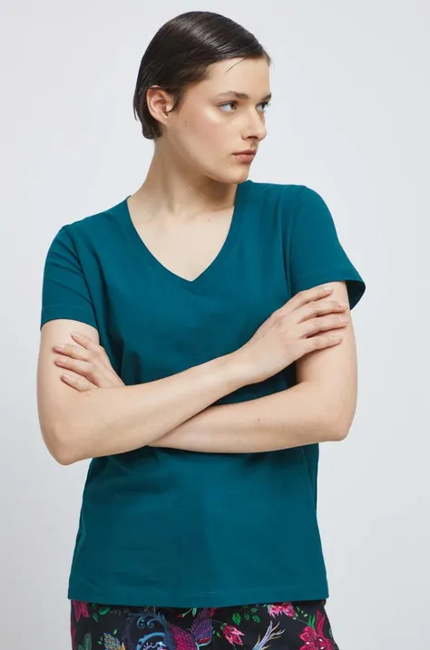 T-shirt bawełniany damski gładki z domieszką elastanu kolor zielony