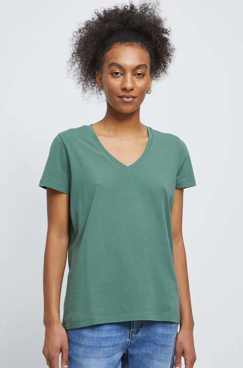 T-shirt bawełniany damski gładki z domieszką elastanu kolor zielony
