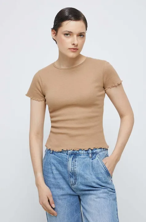 T-shirt bawełniany damski z fakturą z domieszką elastanu kolor beżowy