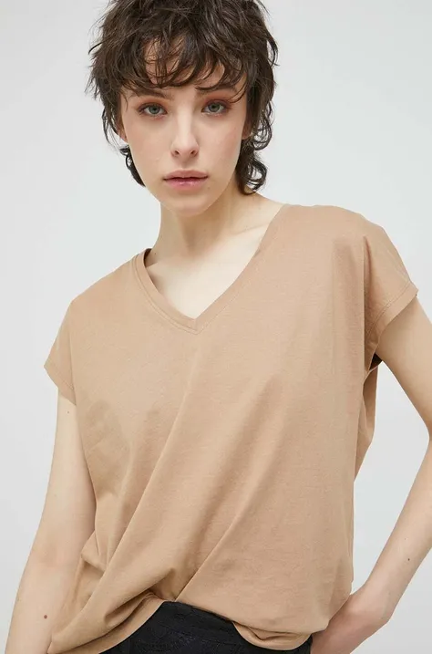 Bavlnené tričko dámsky béžová farba