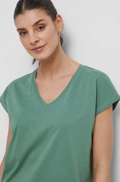 T-shirt bawełniany damski gładki kolor zielony