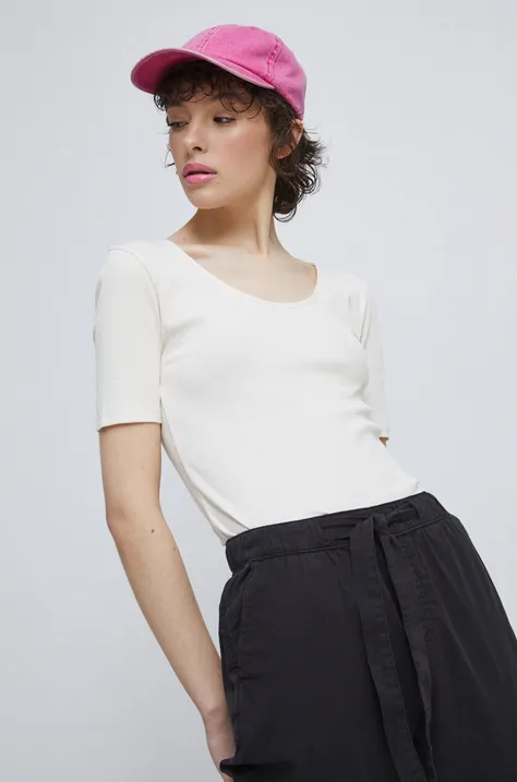 T-shirt bawełniany damski prążkowany z domieszką elastanu kolor beżowy