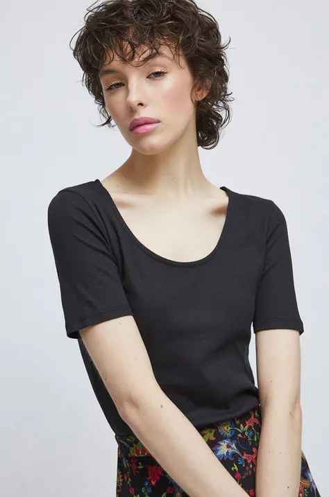 T-shirt bawełniany damski prążkowany z domieszką elastanu kolor czarny