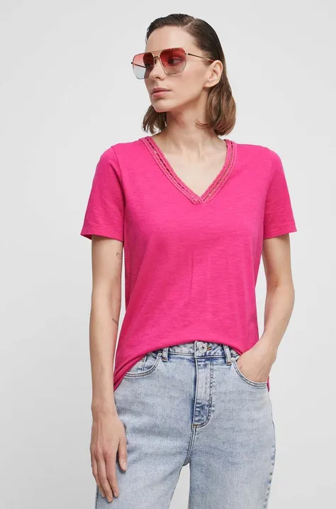 T-shirt bawełniany damski gładki kolor różowy