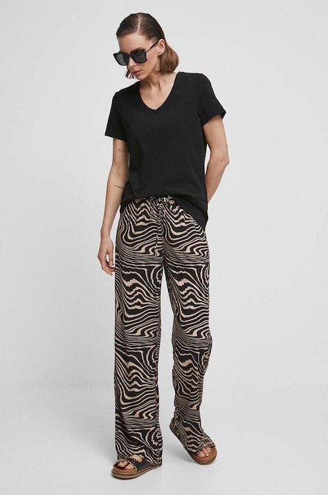 T-shirt bawełniany damski gładki z domieszką elastanu kolor czarny