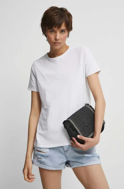 T-shirt bawełniany damski gładki z domieszką elastanu kolor biały
