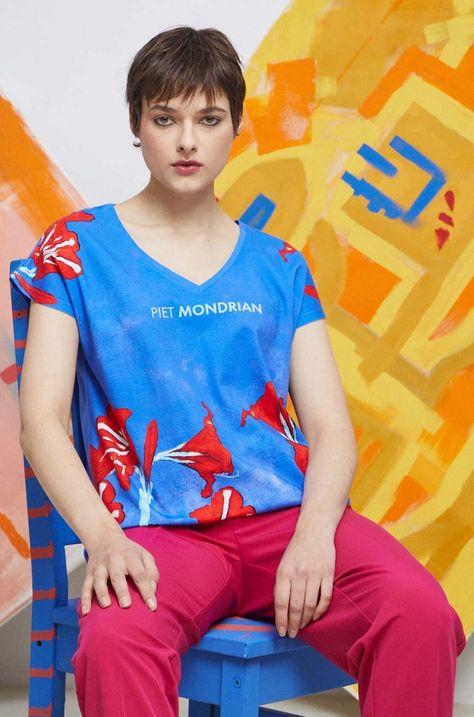 T-shirt bawełniany damski Eviva L'arte kolor niebieski