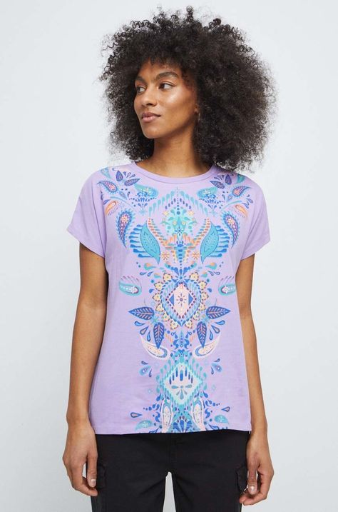 T-shirt bawełniany damski z nadrukiem kolor fioletowy