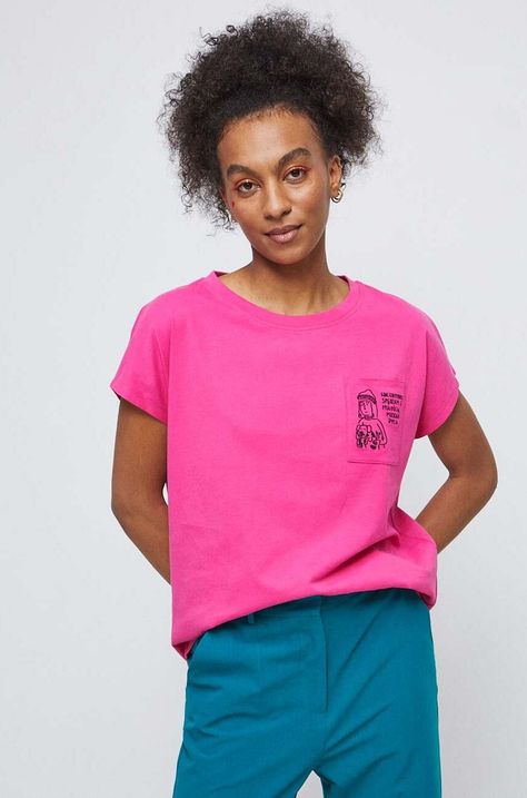 T-shirt bawełniany damski by Michalina Tańska kolor różowy