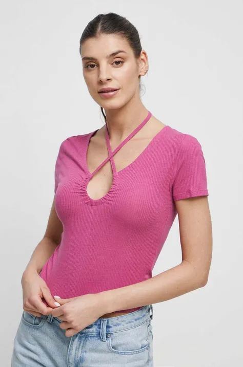T-shirt damski prążkowany kolor fioletowy