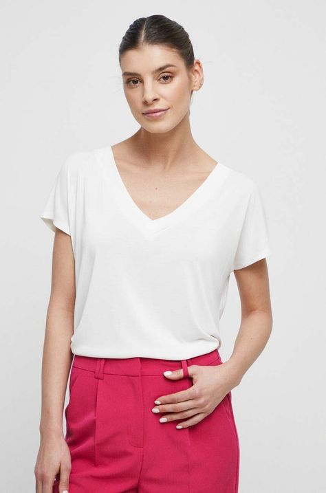 T-shirt damski gładki kolor kremowy
