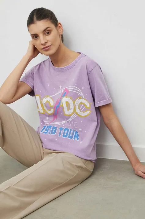 T-shirt bawełniany damski AC/DC kolor fioletowy