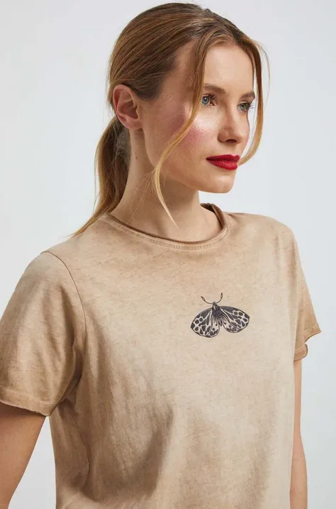 T-shirt bawełniany damski z nadrukiem kolor beżowy