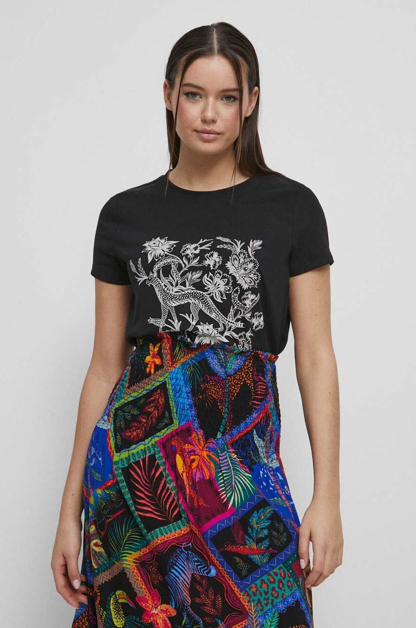 T-shirt bawełniany damski z nadrukiem z domieszką elastanu kolor czarny