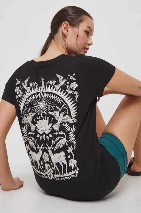 T-shirt bawełniany damski z nadrukiem z domieszką elastanu kolor czarny