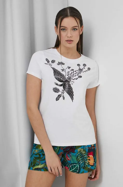 T-shirt bawełniany damski z nadrukiem z domieszką elastanu kolor biały