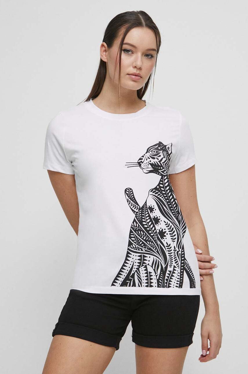 T-shirt bawełniany damski z nadrukiem z domieszką elastanu kolor biały