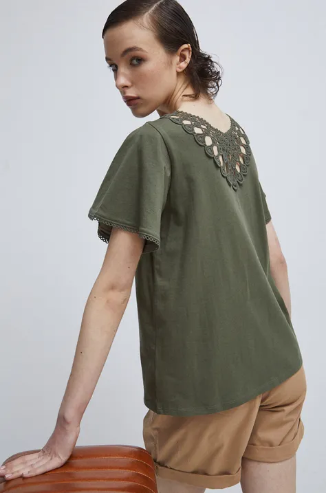 T-shirt bawełniany damskie z ozdobną aplikacją kolor zielony