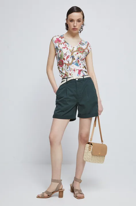 T-shirt bawełniany damski wzorzysty z domieszką elastanu kolor beżowy