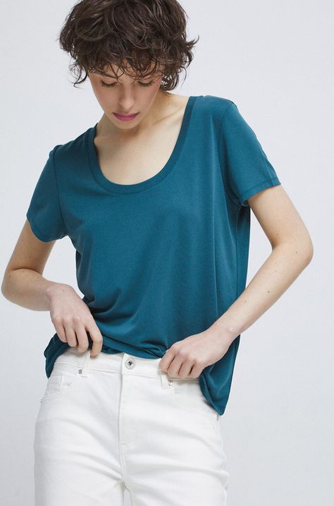 T-shirt damski gładki kolor turkusowy