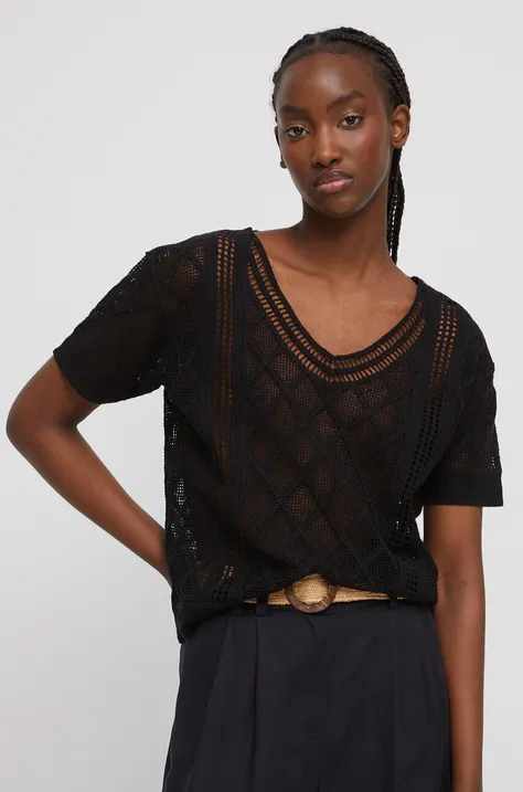 T-shirt bawełniany damski ażurowy kolor czarny