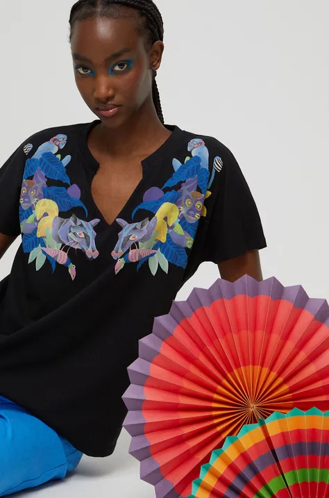 T-shirt bawełniany damski by Olamaloú kolor czarny