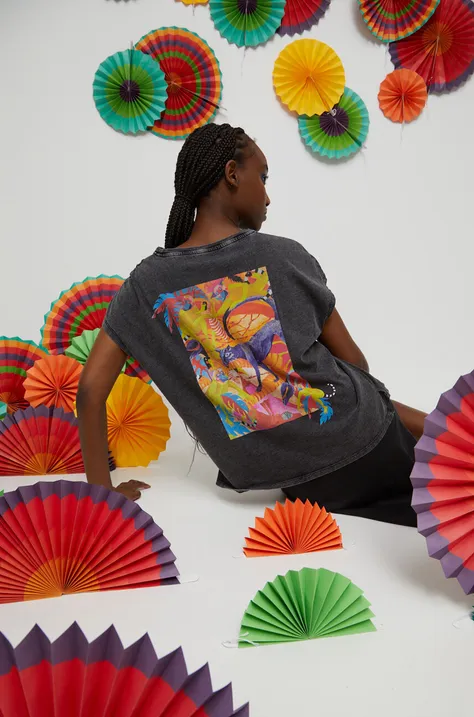 T-shirt bawełniany damski by Olamaloú kolor szary