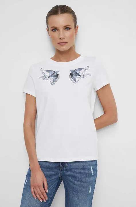 T-shirt bawełniany damski z nadrukiem z domieszką elastanu kolor biały
