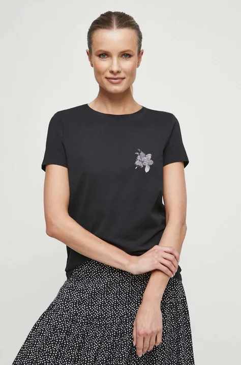 T-shirt bawełniany damski z nadrukiem z domieszką elastanu kolor czarny