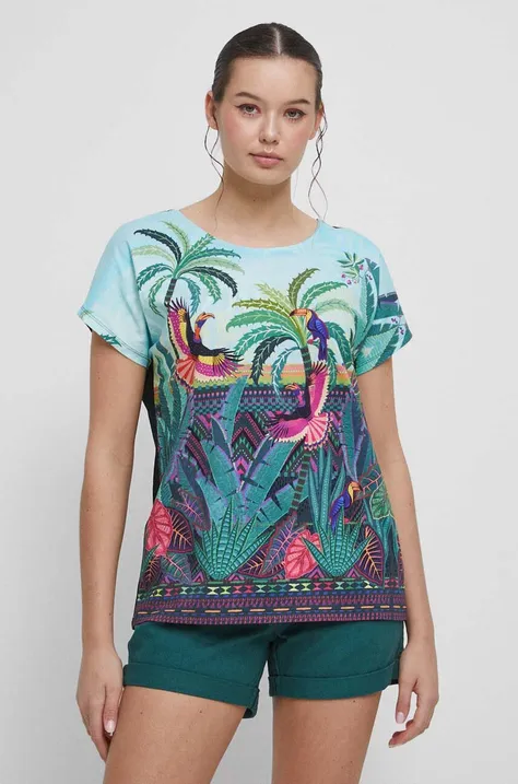 T-shirt bawełniany damski wzorzysty kolor turkusowy