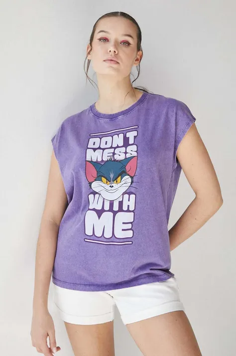 T-shirt bawełniany damski Tom and Jerry kolor fioletowy
