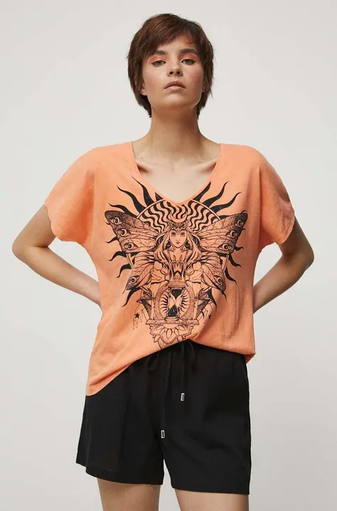 T-shirt bawełniany damski z nadrukiem kolor pomarańczowy