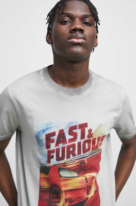 Bavlnené tričko pánske The Fast and the Furious šedá farba
