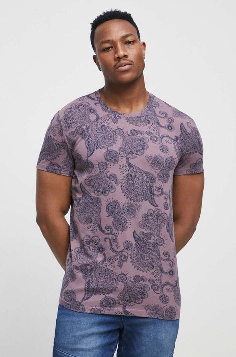 T-shirt bawełniany męski wzorzysty kolor fioletowy
