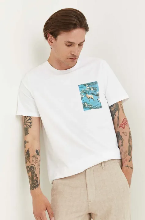 T-shirt bawełniany męski z nadrukiem z domieszką elastanu kolor biały