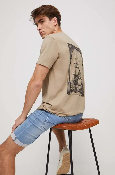 T-shirt bawełniany męski z nadrukiem z domieszką elastanu kolor beżowy