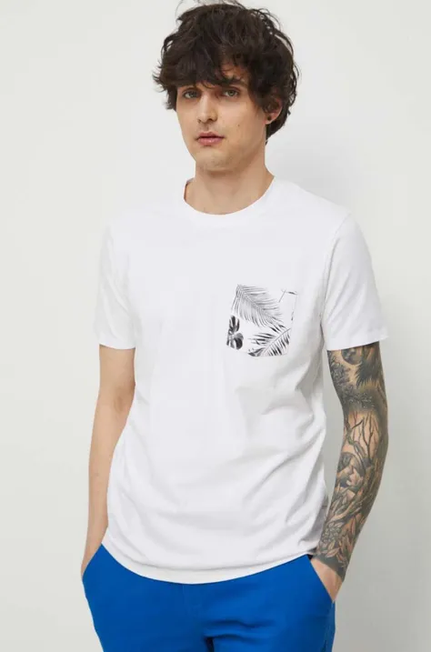 T-shirt bawełniany męski z kieszonką z domieszką elastanu kolor biały