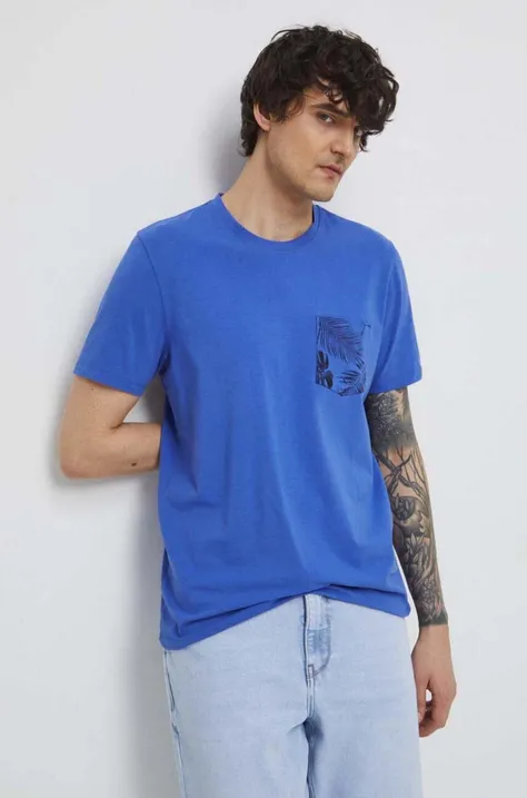 T-shirt bawełniany męski z kieszonką z domieszką elastanu kolor niebieski