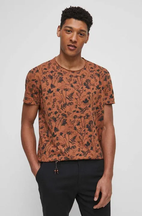 T-shirt bawełniany męski wzorzysty kolor brązowy