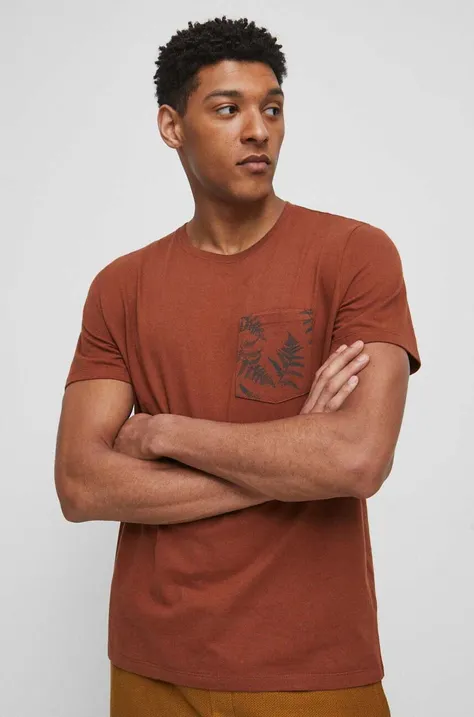 T-shirt bawełniany męski z kieszonką kolor brązowy